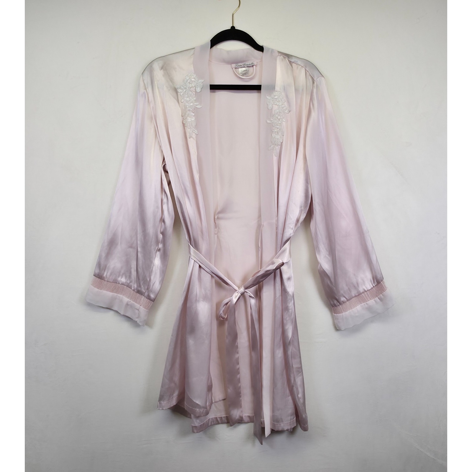 Linea Donatella Robe Womens L/Xl Pink Satin Floral Lace Classic Lounge Sleepwear